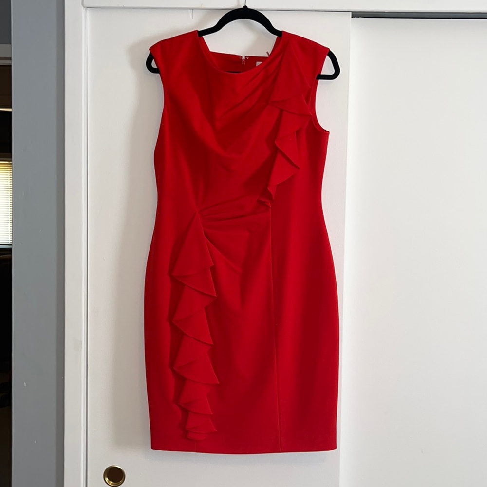 Calvin Klein sheath dress with ruffle detail, size 10.